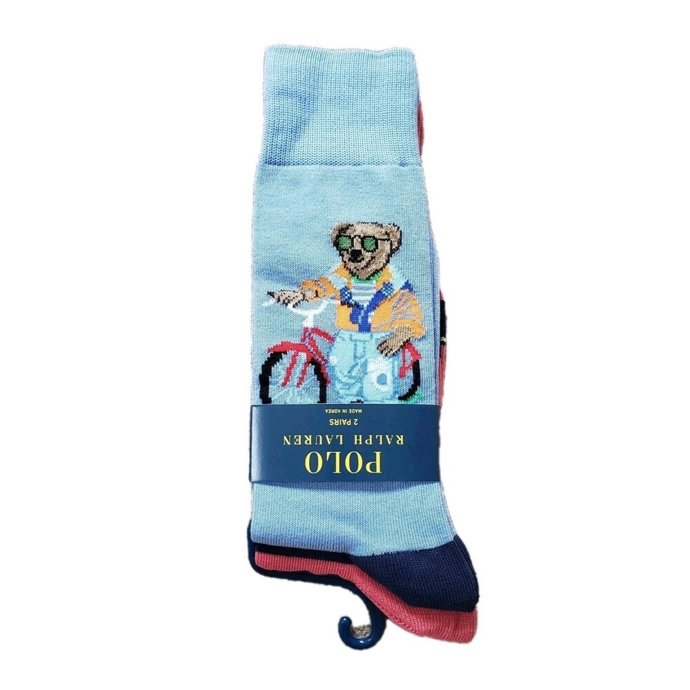 NWT Polo Ralph Lauren Size 10-13 Mens Harbour Island Bear Socks 2-Pack Striped
